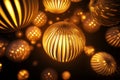 Abstract glowing sphere pattern, dynamic golden orbs radiating warm light in a dark expanse