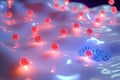 Abstract Glowing Spheres on Fluid Surface with Luminous Blue Particles. Royalty Free Stock Photo
