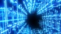 Abstract glowing tunnel of blue light forming a digital matrix with geometric luminous lines Royalty Free Stock Photo
