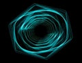 Abstract glowing turquoise hexagon tunnel with digital particles on black background Royalty Free Stock Photo