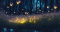 Abstract glowing wallpaper. Magical firefly field at night. Lightning bugs in an enchanted background