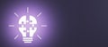Abstract glowing white puzzle light bulb on wide purple background with mock up place. Completing business idea. Cooperation,