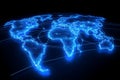 Abstract glowing world map with blue digital network connections on a dark background Royalty Free Stock Photo