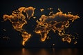 Abstract glowing world map on dark background. Communication and travel concept. 3D Rendering, pixel world map with spot lights,