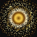 Abstract gold background, circle of dissolving pixels. Vector illustration. Royalty Free Stock Photo