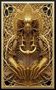 Abstract gold background, fantastic golden metal detailed ornaments, symmetrical pattern wallpaper. Generative Ai