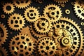 Abstract gold background, fantastic golden metal gears and cogs technology pattern wallpaper. Generative Ai Royalty Free Stock Photo