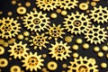 Abstract gold background, fantastic golden metal gears and cogs technology pattern wallpaper. Generative Ai Royalty Free Stock Photo