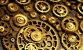 Abstract gold background, fantastic golden metal gears and cogs technology pattern wallpaper. Generative Ai Royalty Free Stock Photo