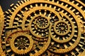 Abstract gold background, fantastic golden metal gears and cogs technology pattern wallpaper. Generative Ai Royalty Free Stock Photo