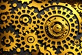 Abstract gold background, fantastic golden metal gears and cogs technology pattern wallpaper. Generative Ai Royalty Free Stock Photo