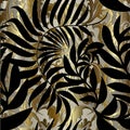 Abstract gold baroque vector seamless pattern. Patterned ornamental antique background with gold vintage flowers, black leaves si