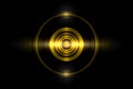 Abstract gold circle ring light effect with sound waves oscillating on black background