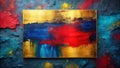 Abstract gold framed canvas with vibrant red, blue, and gold acrylic paint strokes. Generative AI Royalty Free Stock Photo