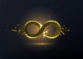 Abstract gold infinite loop made of lines and dots on black background. Abstract infinity sign. Royalty Free Stock Photo