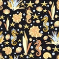 Abstract gold mechanical metal sea horse, starfish, shell, coral, seaweed, pearl on dark background. Seamless pattern. Steampunk