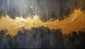 Abstract gold paint splatters across dark textured wall. Energetic splashes create dynamic pattern with depth and contrast. Royalty Free Stock Photo