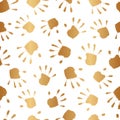 Abstract gold seamless pattern. Golden handprint. Repeated happy hand print. Funny background for design wallpapers, prints. Repea