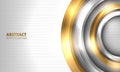 Abstract gold and silver circles on striped white luxury background.