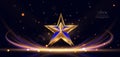 Abstract gold star with light ray on dark blue background with lighting effect sparkle. Luxury template celebration award design