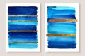 Abstract gold wall art diptych. Golden shiny and blue shades stripes. Watercolor brush strokes. Luxury design for wall