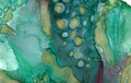 Abstract golden art painting, layers in vibrant turquoise, green, pink and white. The movement of layers, bubbles, vortex. Royalty Free Stock Photo