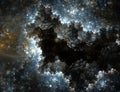 Abstract golden- blue fractal clouds hole with lens flare on black background. Fractals are never-ending complex patterns Royalty Free Stock Photo