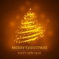 Abstract golden christmas tree on dark background. Template for greeting card. Royalty Free Stock Photo