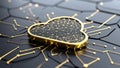 Abstract golden cloud computing symbol with digital network on dark background. Royalty Free Stock Photo