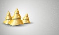 Abstract golden 3D Christmas trees with snowfall background. New Year realistic cone shape trees. Design Greeting card