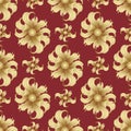 Abstract golden flowers, seamless pattern. Golden buds, curled petals on a red background. Jewel ornament. Rich, luxurious design Royalty Free Stock Photo