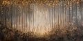Abstract golden forest landscape with textured trees and shimmering light effects Royalty Free Stock Photo