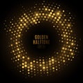 Abstract golden glittering halftone frame. Luxurious glowing dots circle for a disco. Festive round frame for graphic design.