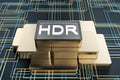 Abstract golden HDR chip on tech background. Ultra resolution concept. Royalty Free Stock Photo