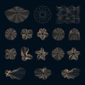 Abstract golden linear elements of different shapes, Set of wavy golden design elements on a dark background. Vector Royalty Free Stock Photo
