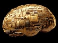 Abstract golden metallic brain model with intricate mechanical details representing the fusion of human cognition and advanced