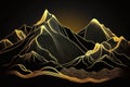 Abstract golden mountains line art, black background, Generative AI