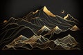 Abstract golden mountains line art, black background, Generative AI