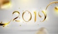Abstract Golden 2019 New Year background of modern liquid graphic elements. Dynamic banner with flowing shapes
