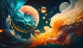 Abstract golden, orange, cyan and mint green abstract space background. Generative AI panoramic banner