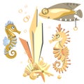 Abstract Golden Sea Horses, Fish, Starfish In Steampunk Style. Fantastic Metal Mechanical Coral Reef. Cartoon Illustration