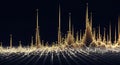 Abstract Golden Sound Wave Data Visualization with Glowing Particles and Grid Royalty Free Stock Photo