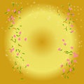 Abstract golden sunlight background, dropping pink flower petals, green leaves, and white blowing seeds with pappus plant hairs.