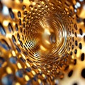 Abstract golden tunnel intricate swirling metallic patterns creating optical illusion of depth motion futuristic vortex effect