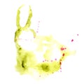 Abstract golden unusual watercolor blots and splashes of a hare silhouette