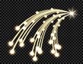 Abstract golden wave design element with shine and light effect on a dark background. Comet with three tails, a star