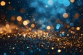 Abstract golden yellow and blue glitter lights background. Circle blurred bokeh Royalty Free Stock Photo