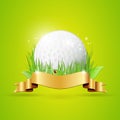 Abstract golf background with ball, grass and golden ribbon