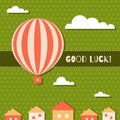 Abstract Good Luck Card With Hot Air Balloon, Clouds, Houses And Three Leaf Clovers Pattern Background Royalty Free Stock Photo