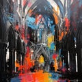 Abstract Gothic Cathedral Painting With Vibrant Colors And Leadlight Techniques